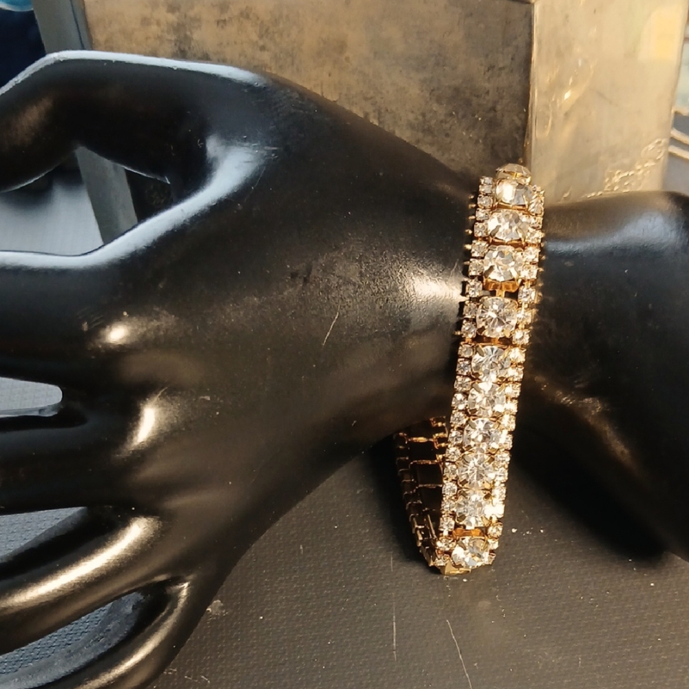 Glam Bracelet With Rhinestones On Gold Tone Base